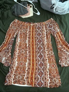 Rust Floral Off-Shoulder Long Sleeve Dress